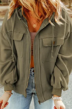 Online Dear-Lover Green Flap Pocket Drawstring Hood Zip Up Jacket Jungle Green