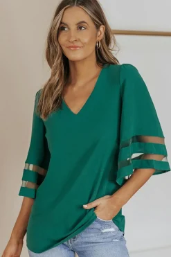 Clearance Dear-Lover Flare Sleeve V Neck Loose Blouse Green