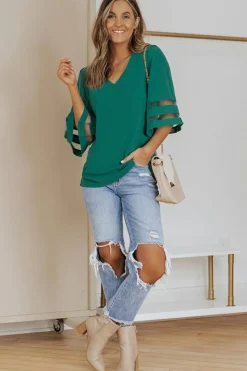 Clearance Dear-Lover Flare Sleeve V Neck Loose Blouse Green