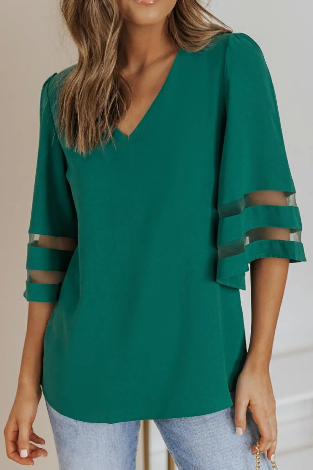 Clearance Dear-Lover Flare Sleeve V Neck Loose Blouse Green