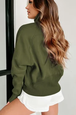 Hot Dear-Lover Fleece Lined Zip Up Stand Collar Thumbhole Sleeve Sweatshirt Green