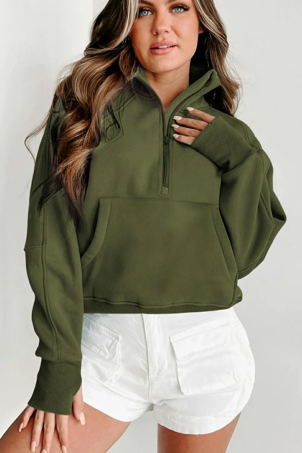 Hot Dear-Lover Fleece Lined Zip Up Stand Collar Thumbhole Sleeve Sweatshirt Green