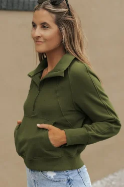 Hot Dear-Lover Fleece Lined Zip Up Stand Collar Thumbhole Sleeve Sweatshirt Green