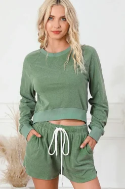 Fashion Dear-Lover Fleece Two-piece Cropped Pullover and Shorts Set Green