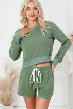 Fashion Dear-Lover Fleece Two-piece Cropped Pullover and Shorts Set Green
