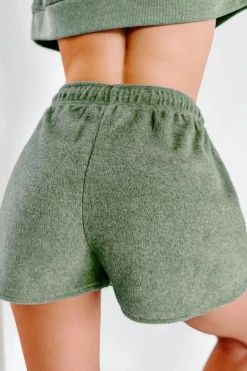Fashion Dear-Lover Fleece Two-piece Cropped Pullover and Shorts Set Green