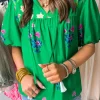 Online Dear-Lover Floral Detail Tie Split Neck Short Sleeve Blouse Green