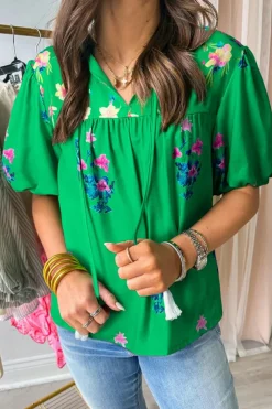 Online Dear-Lover Floral Detail Tie Split Neck Short Sleeve Blouse Green