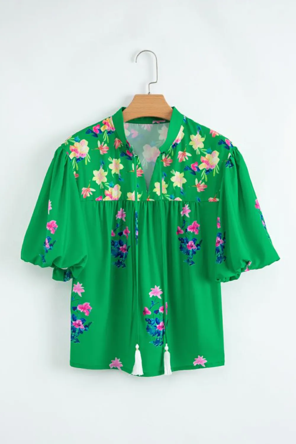 Online Dear-Lover Floral Detail Tie Split Neck Short Sleeve Blouse Green