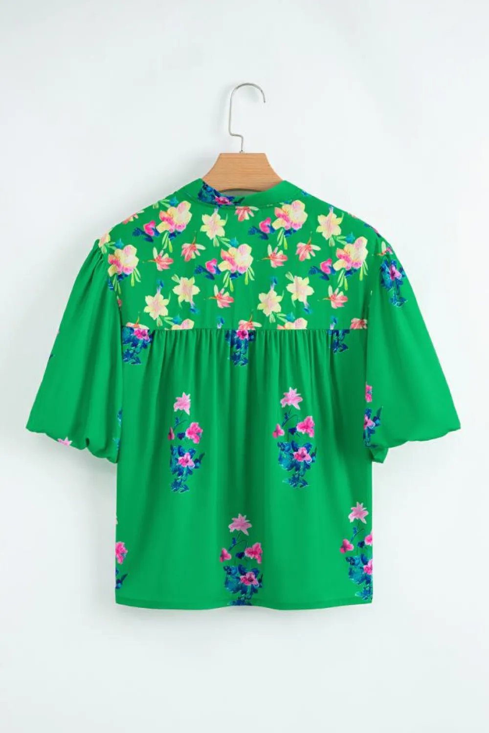 Online Dear-Lover Floral Detail Tie Split Neck Short Sleeve Blouse Green