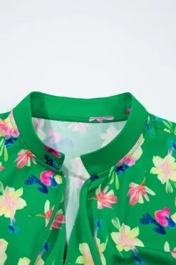 Online Dear-Lover Floral Detail Tie Split Neck Short Sleeve Blouse Green