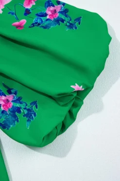 Online Dear-Lover Floral Detail Tie Split Neck Short Sleeve Blouse Green