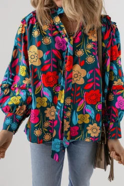 Online Dear-Lover Floral Knot Split Neck Puff Sleeve Blouse Green