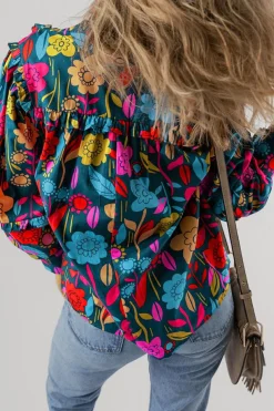 Online Dear-Lover Floral Knot Split Neck Puff Sleeve Blouse Green