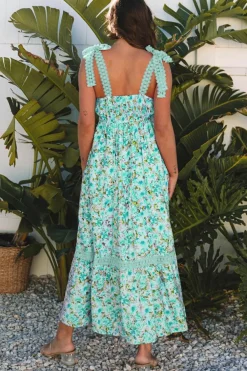 Clearance Dear-Lover Floral Lace Tied Strap Empire Waist Maxi Dress Green