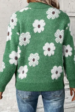 Best Dear-Lover Floral Pattern Half Zip Drop Shoulder Sweater Green