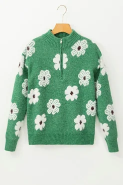 Best Dear-Lover Floral Pattern Half Zip Drop Shoulder Sweater Green