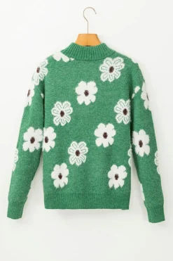 Best Dear-Lover Floral Pattern Half Zip Drop Shoulder Sweater Green