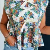 New Dear-Lover Floral Print Bow Applique Slit Sleeveless Peplum Blouse Green