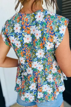 New Dear-Lover Floral Print Bow Applique Slit Sleeveless Peplum Blouse Green