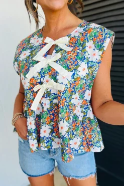 New Dear-Lover Floral Print Bow Applique Slit Sleeveless Peplum Blouse Green