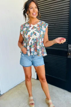 New Dear-Lover Floral Print Bow Applique Slit Sleeveless Peplum Blouse Green