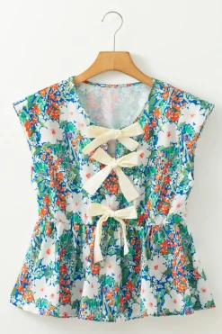 New Dear-Lover Floral Print Bow Applique Slit Sleeveless Peplum Blouse Green
