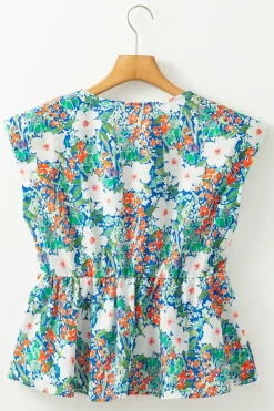New Dear-Lover Floral Print Bow Applique Slit Sleeveless Peplum Blouse Green
