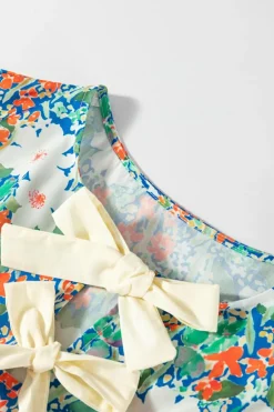 New Dear-Lover Floral Print Bow Applique Slit Sleeveless Peplum Blouse Green