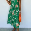Clearance Dear-Lover Floral Print Bubble Sleeve Smocked Tiered Midi Dress Green