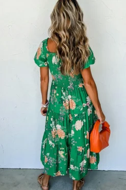 Clearance Dear-Lover Floral Print Bubble Sleeve Smocked Tiered Midi Dress Green