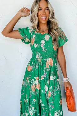 Clearance Dear-Lover Floral Print Bubble Sleeve Smocked Tiered Midi Dress Green