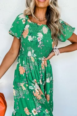 Clearance Dear-Lover Floral Print Bubble Sleeve Smocked Tiered Midi Dress Green