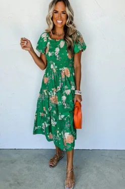 Clearance Dear-Lover Floral Print Bubble Sleeve Smocked Tiered Midi Dress Green