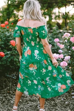 Clearance Dear-Lover Floral Print Bubble Sleeve Smocked Tiered Midi Dress Green