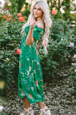 Clearance Dear-Lover Floral Print Bubble Sleeve Smocked Tiered Midi Dress Green