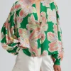 Outlet Dear-Lover Floral Print Button up Pleated Puff Sleeve Loose Shirt Green