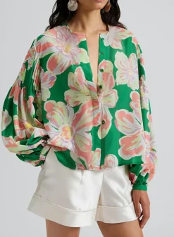 Outlet Dear-Lover Floral Print Button up Pleated Puff Sleeve Loose Shirt Green