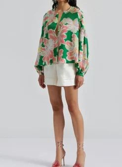 Outlet Dear-Lover Floral Print Button up Pleated Puff Sleeve Loose Shirt Green