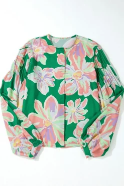 Outlet Dear-Lover Floral Print Button up Pleated Puff Sleeve Loose Shirt Green