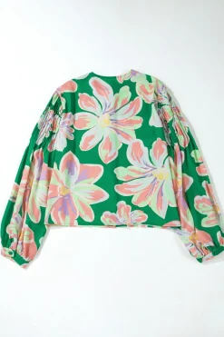 Outlet Dear-Lover Floral Print Button up Pleated Puff Sleeve Loose Shirt Green