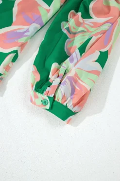 Outlet Dear-Lover Floral Print Button up Pleated Puff Sleeve Loose Shirt Green