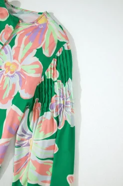 Outlet Dear-Lover Floral Print Button up Pleated Puff Sleeve Loose Shirt Green