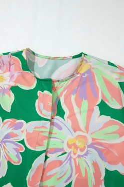 Outlet Dear-Lover Floral Print Button up Pleated Puff Sleeve Loose Shirt Green