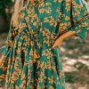 New Dear-Lover Floral Print Drawstring Tunic Flowy Short Dress Green