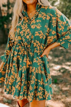 New Dear-Lover Floral Print Drawstring Tunic Flowy Short Dress Green