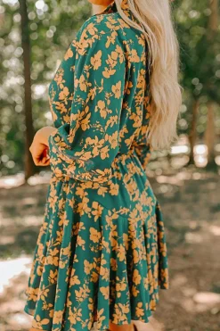 New Dear-Lover Floral Print Drawstring Tunic Flowy Short Dress Green
