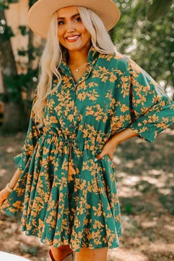 New Dear-Lover Floral Print Drawstring Tunic Flowy Short Dress Green