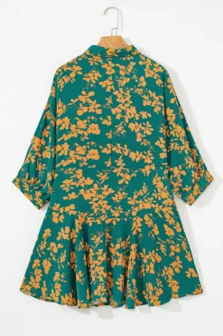 New Dear-Lover Floral Print Drawstring Tunic Flowy Short Dress Green