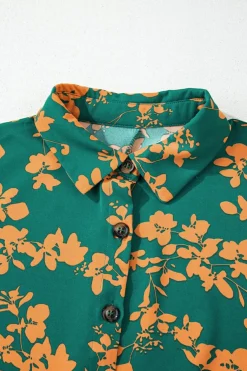 New Dear-Lover Floral Print Drawstring Tunic Flowy Short Dress Green